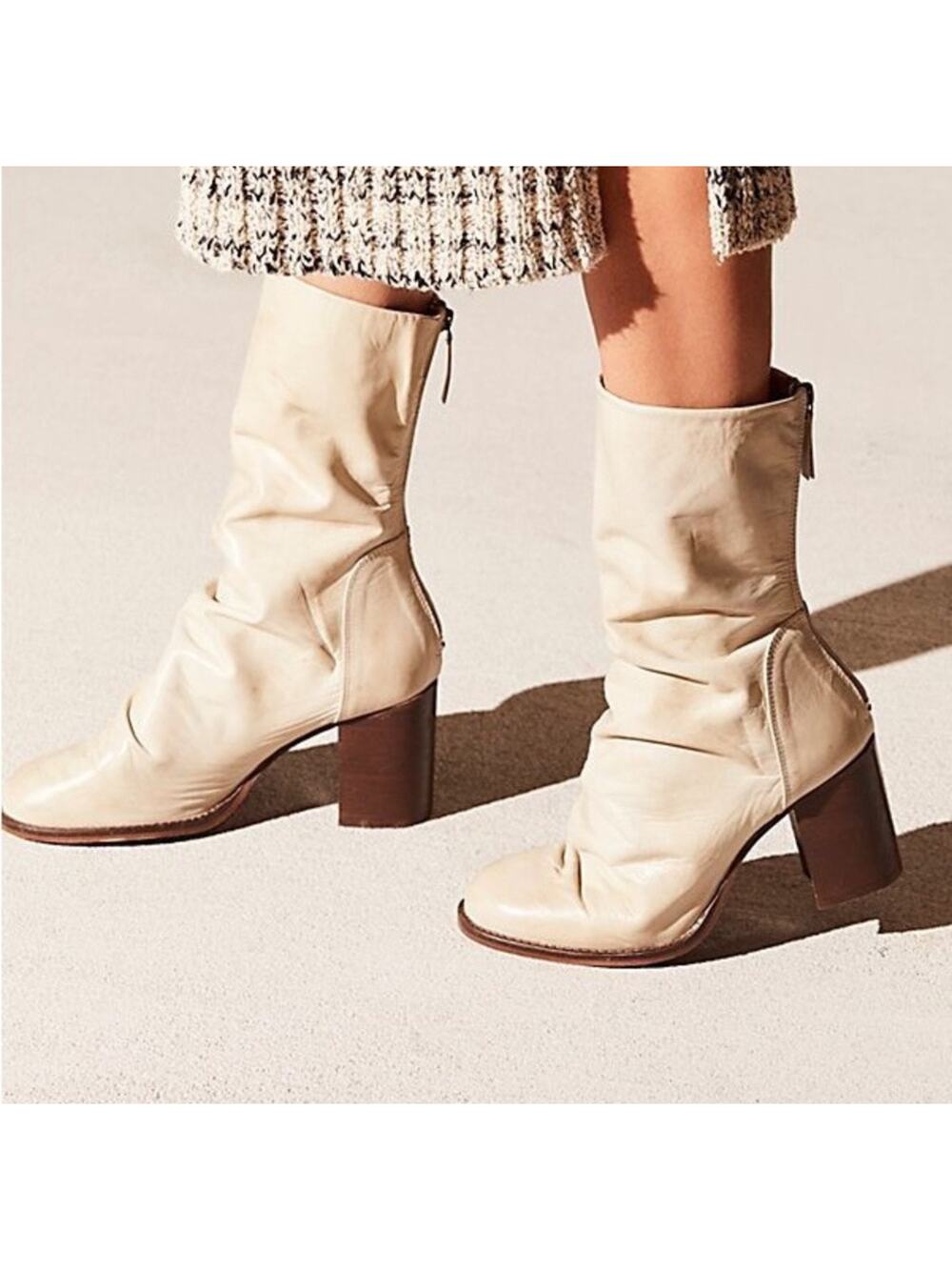 FREE PEOPLE Elle Boots Size 10 NEW Slouchy Leather Block Heel NWT/Box Beige Boho